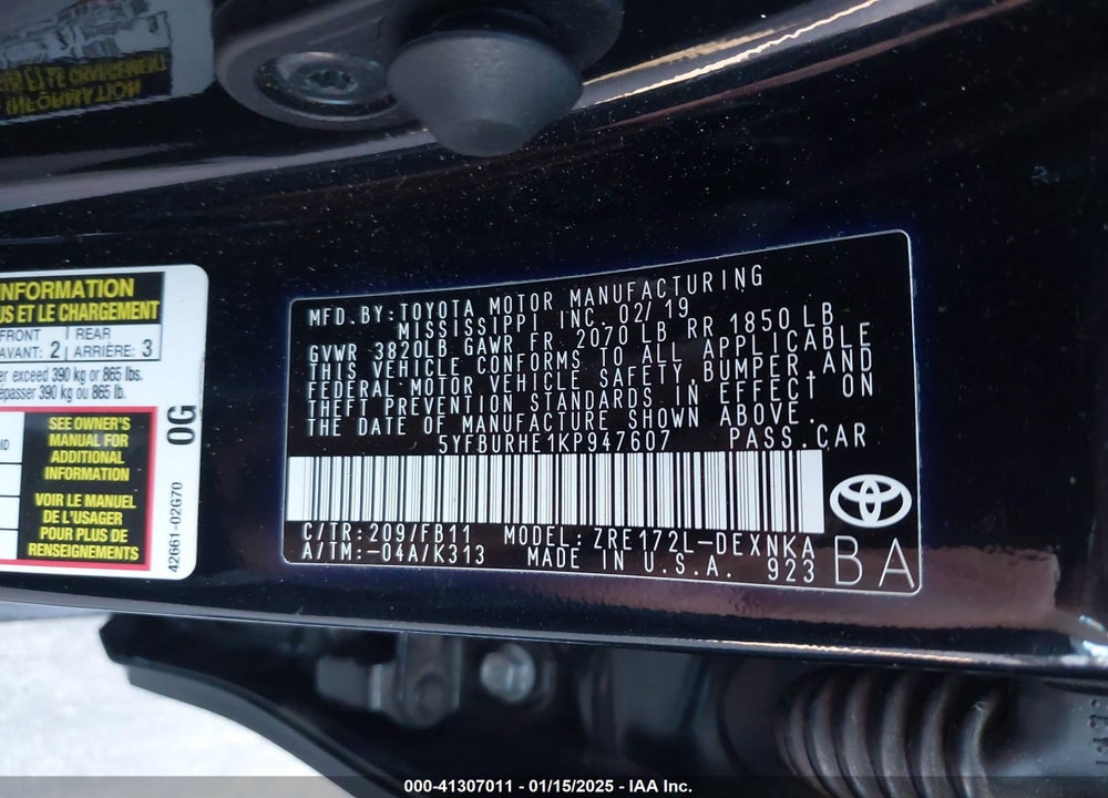 2019 TOYOTA COROLLA VIN: 5YFBURHE1KP947607