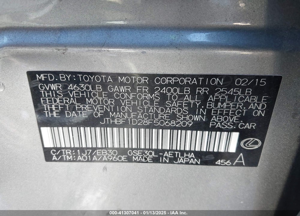 2015 LEXUS IS 250 VIN: JTHBF1D28F5068209