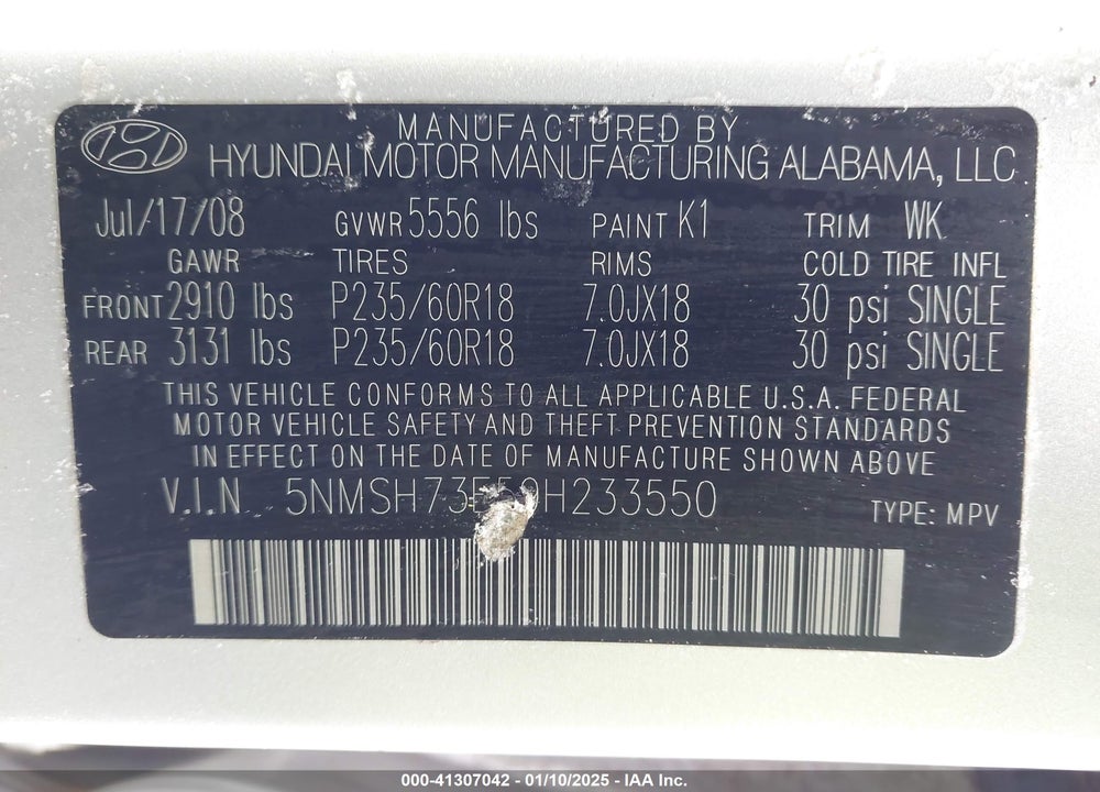 2009 HYUNDAI SANTA FE VIN: 5NMSH73E59H233550