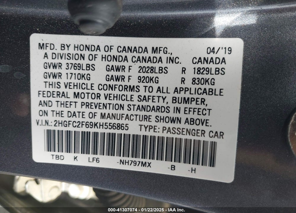 2019 HONDA CIVIC LX VIN: 2HGFC2F69KH556865