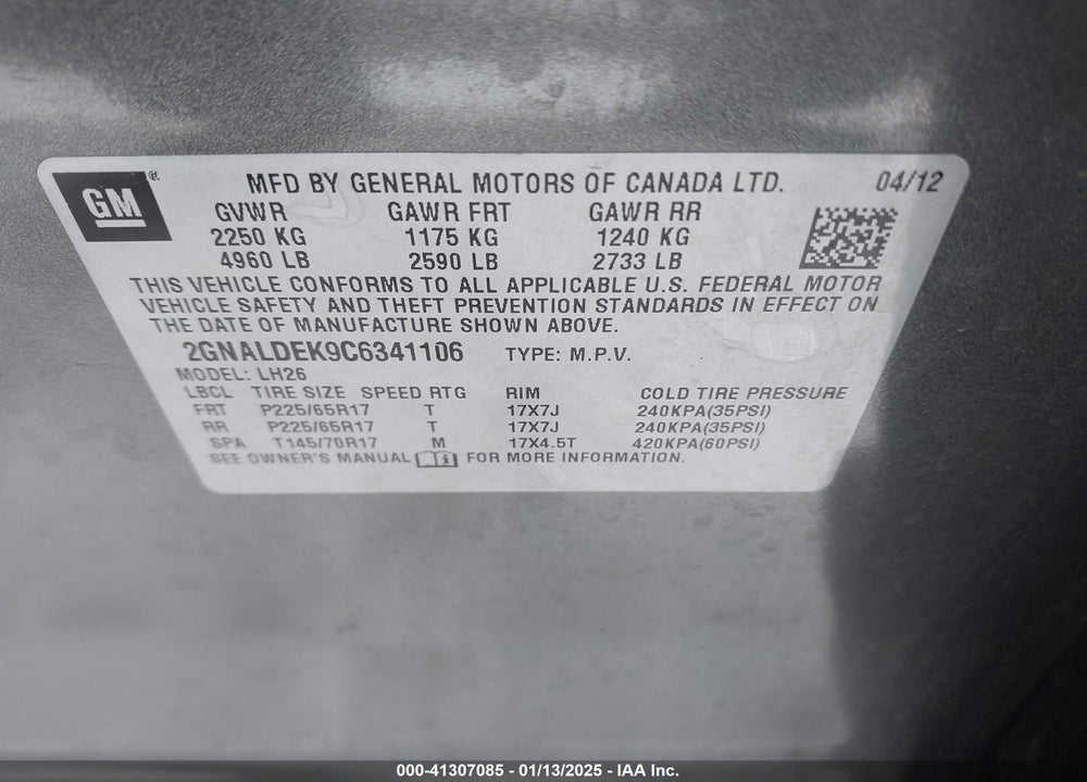 2012 CHEVROLET EQUINOX 1LT VIN: 2GNALDEK9C6341106