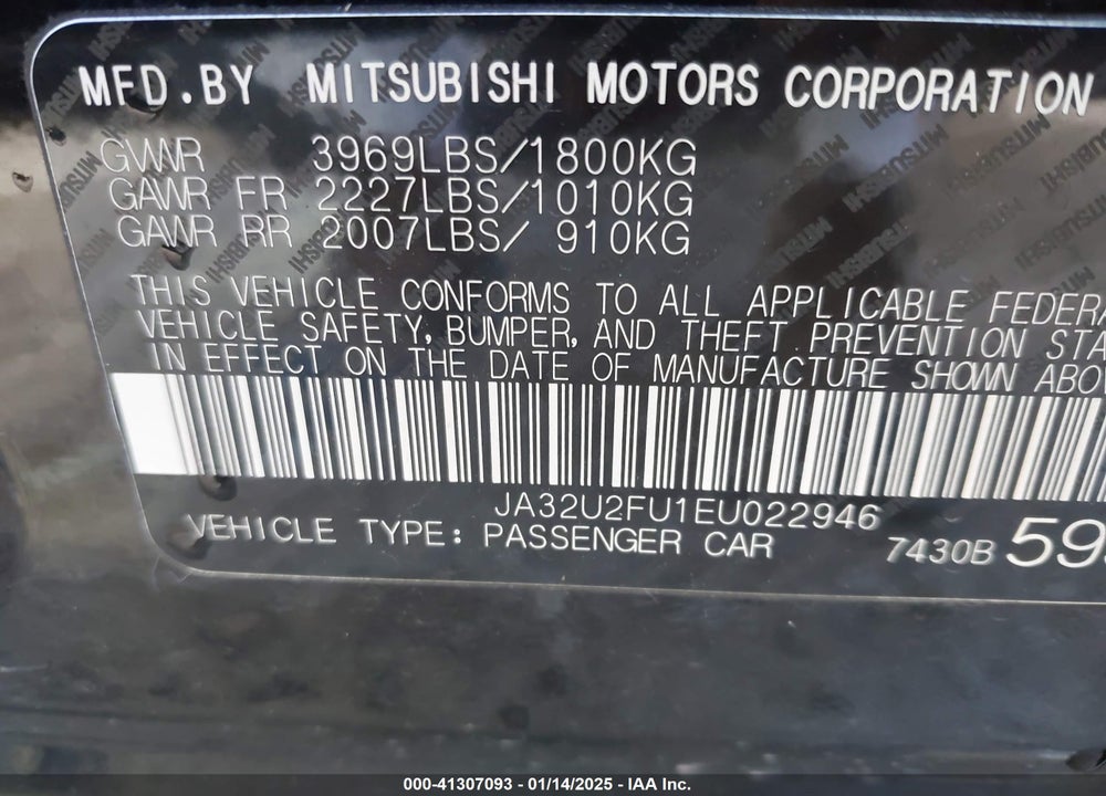 2014 MITSUBISHI LANCER VIN: JA32U2FU1EU022946