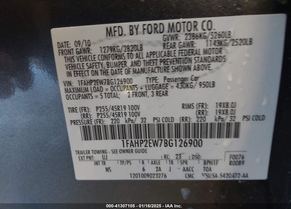 2011 FORD TAURUS VIN: 1FAHP2EW7BG126900