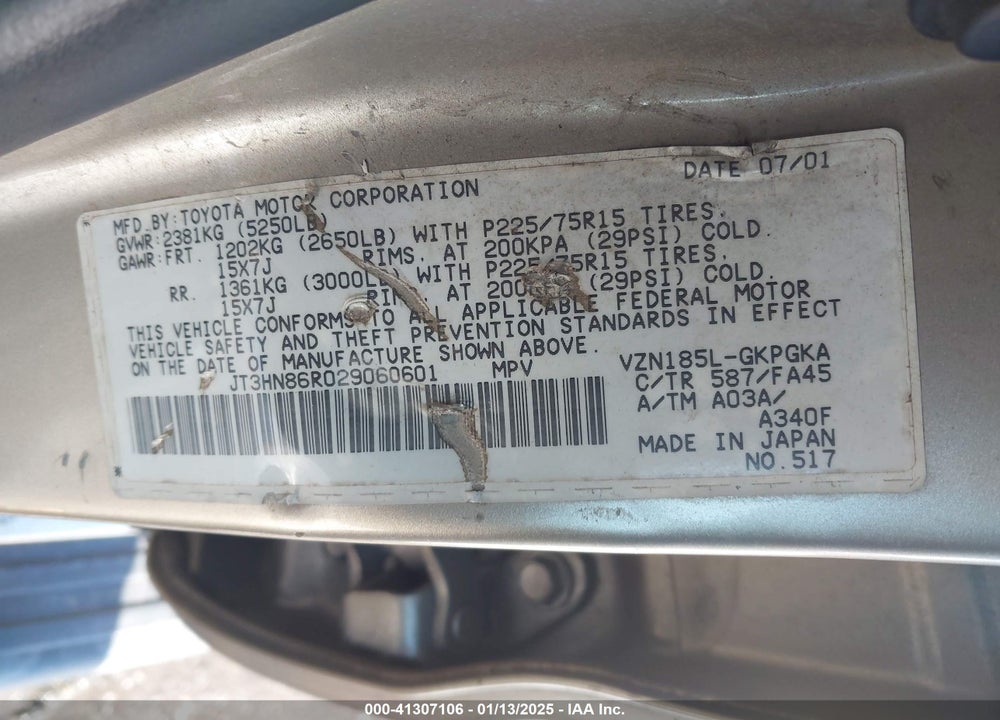 2002 TOYOTA 4RUNNER SR5 V6 VIN: JT3HN86R029060601