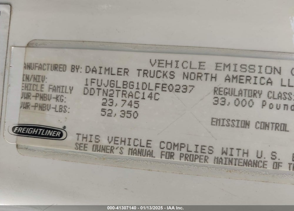 2013 FREIGHTLINER CASCADIA 125 VIN: 1FUJGLBG1DLFE0237