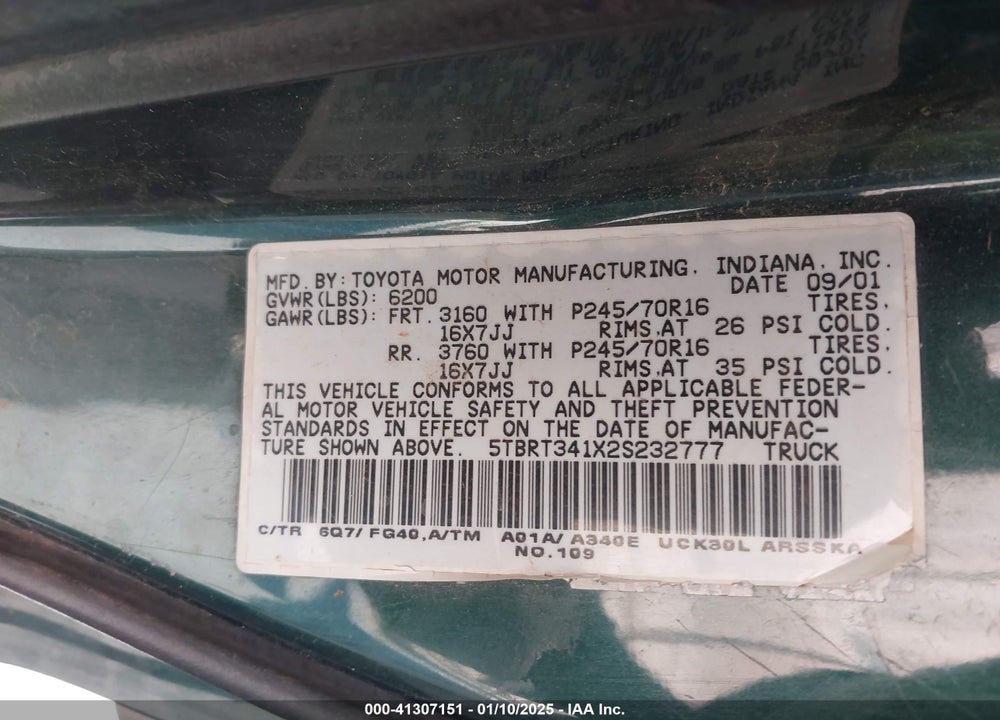 2002 TOYOTA TUNDRA SR5 V8 VIN: 5TBRT341X2S232777