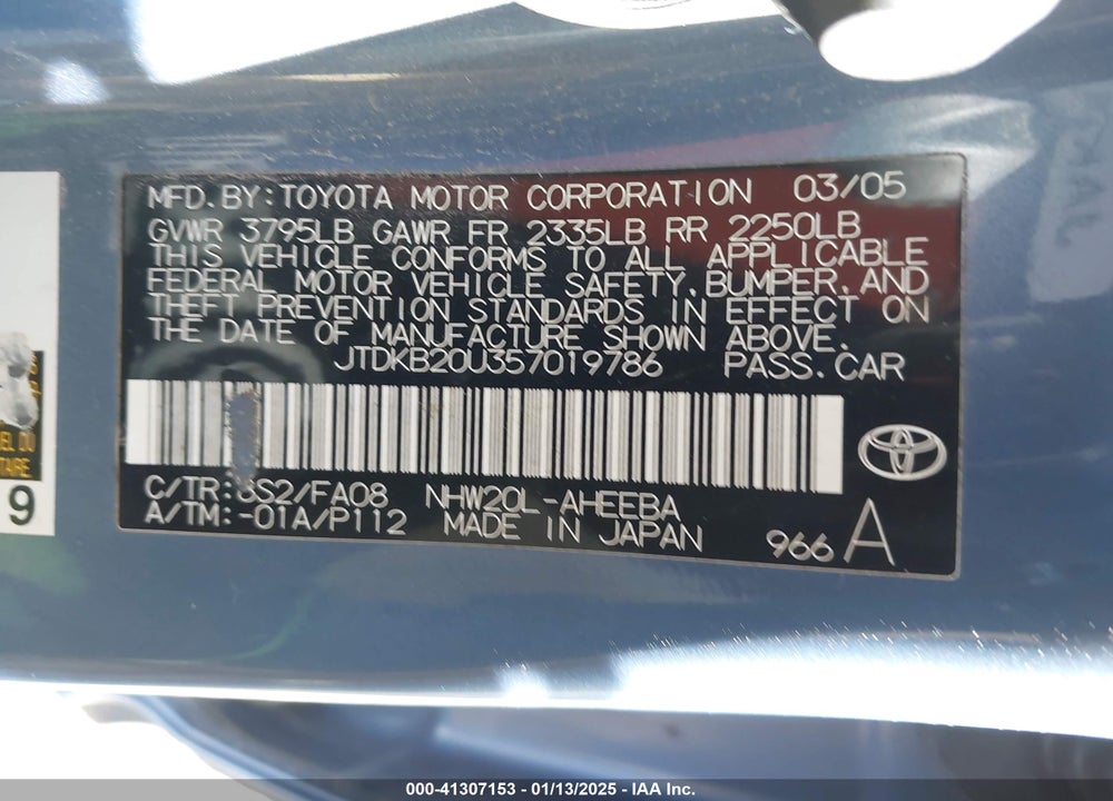 2005 TOYOTA PRIUS VIN: JTDKB20U357019786
