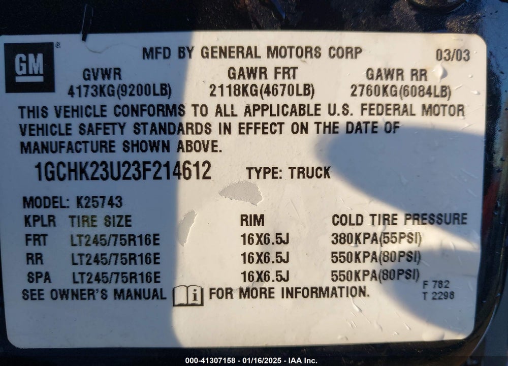 2003 CHEVROLET SILVERADO 2500HD LS VIN: 1GCHK23U23F214612