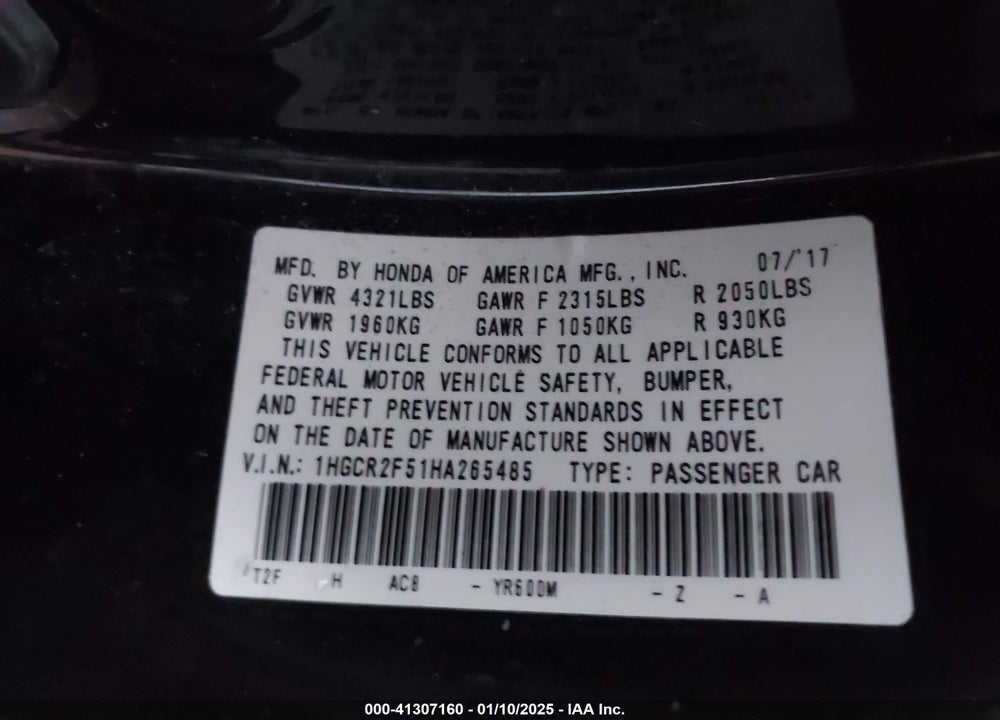 2017 HONDA ACCORD VIN: 1HGCR2F51HA265485