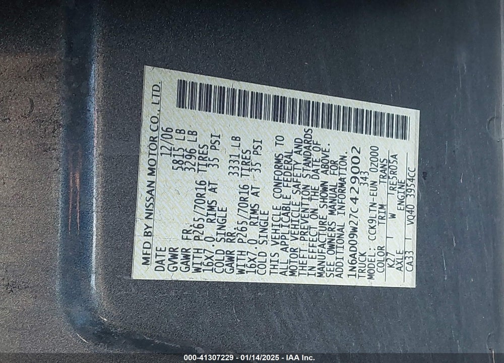 2007 NISSAN FRONTIER VIN: 1N6AD09W27C429002