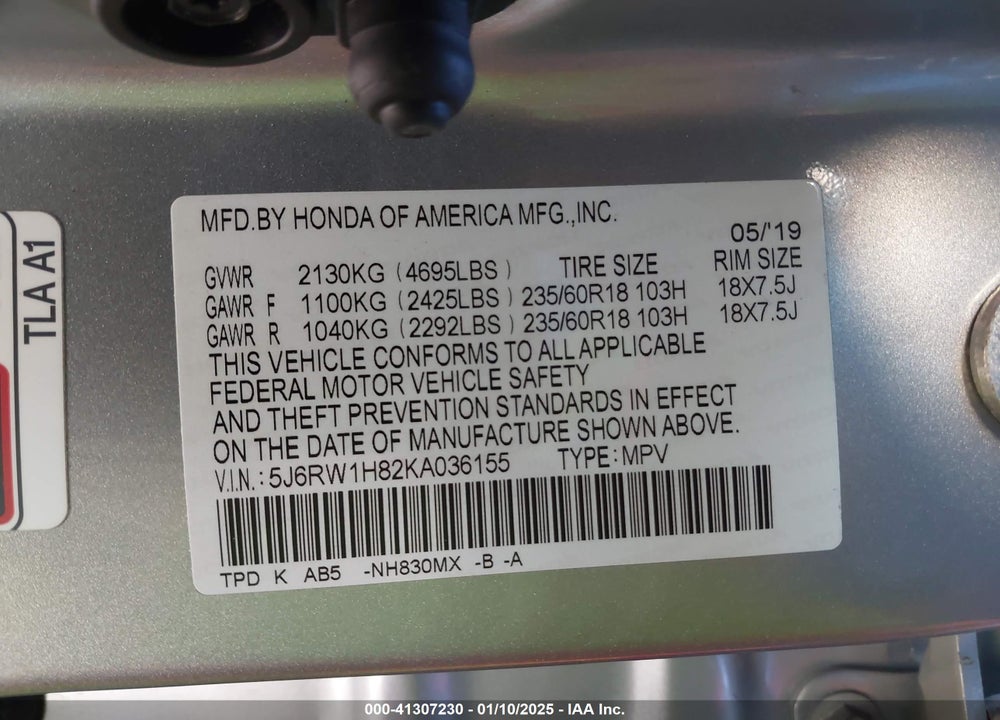2019 HONDA CR-V EX-L VIN: 5J6RW1H82KA036155