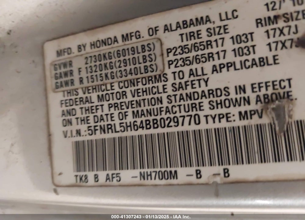 2011 HONDA ODYSSEY EX-L VIN: 5FNRL5H64BB029770