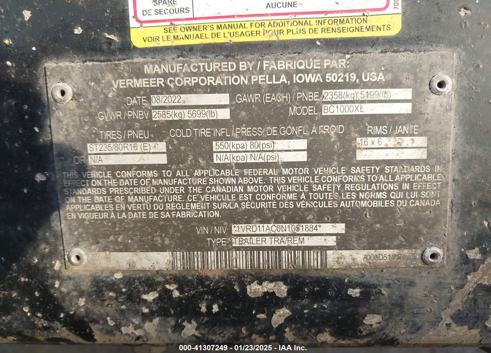 2022 VERMEER MFG. CO. UNKNOWN VIN: 1VRD11AC0N1051884