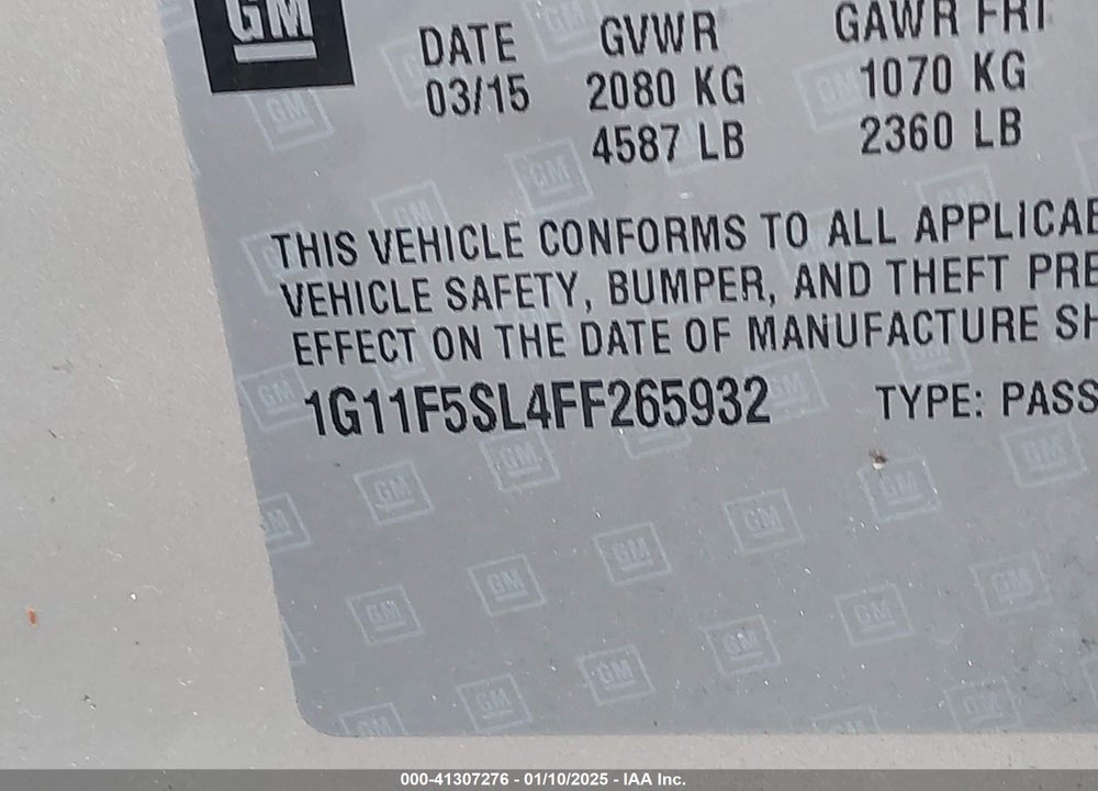 2015 CHEVROLET MALIBU 1LZ VIN: 1G11F5SL4FF265932