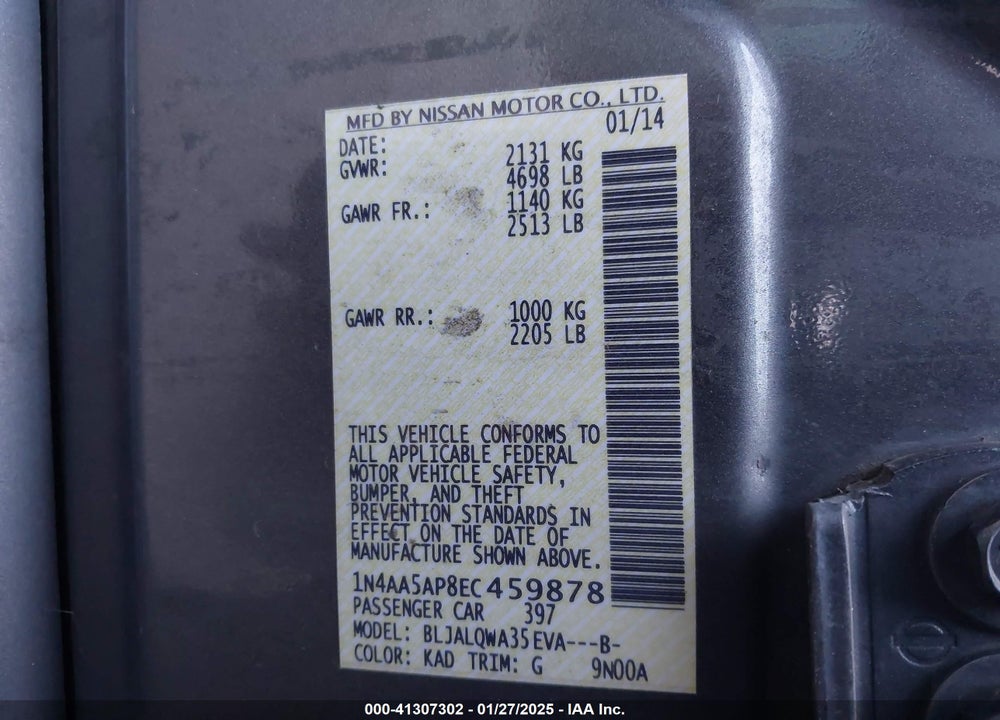 2014 NISSAN MAXIMA VIN: 1N4AA5AP8EC459878