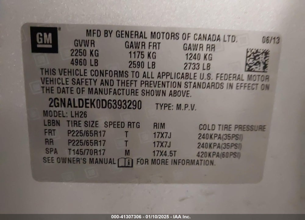 2013 CHEVROLET EQUINOX 1LT VIN: 2GNALDEK0D6393290
