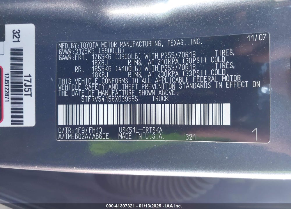2008 TOYOTA TUNDRA VIN: 5TFRV54158X039565