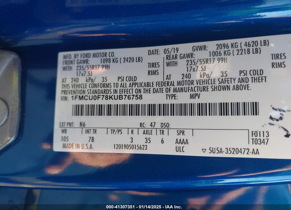 2019 FORD ESCAPE S VIN: 1FMCU0F78KUB76758