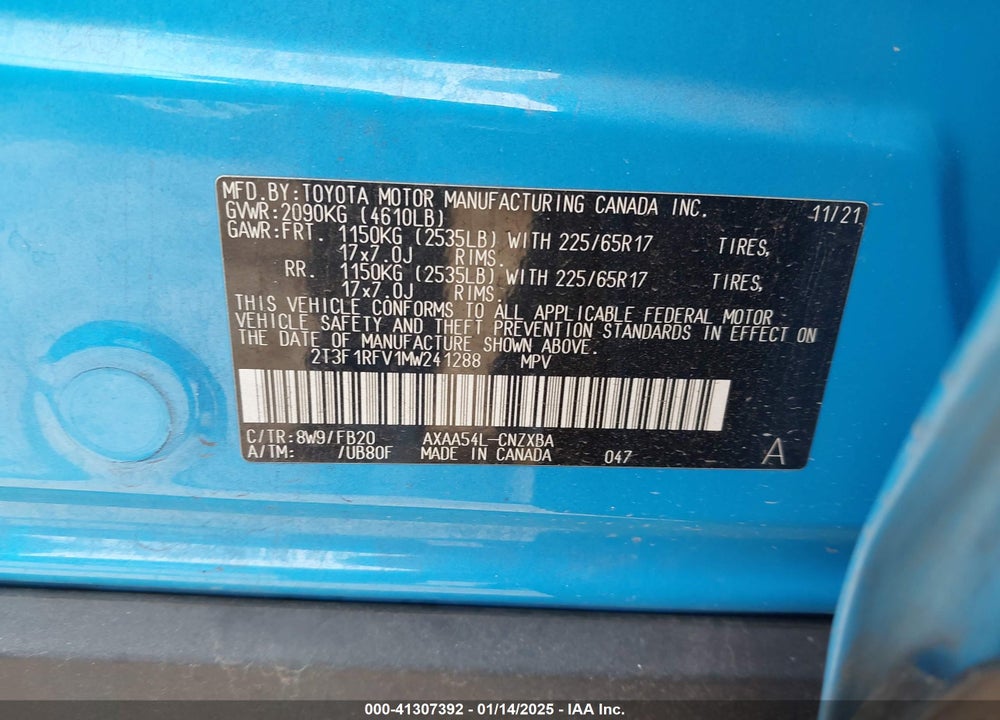 2021 TOYOTA RAV4 LE VIN: 2T3F1RFV1MW241288