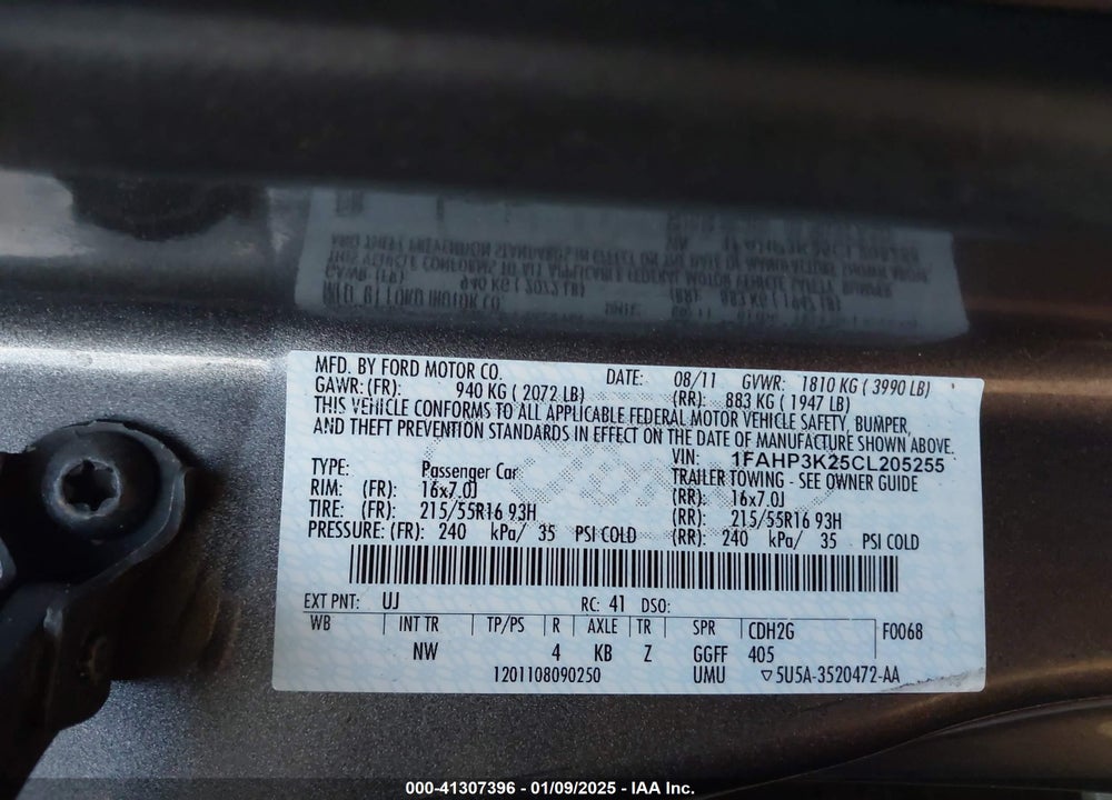 2012 FORD FOCUS SE VIN: 1FAHP3K25CL205255
