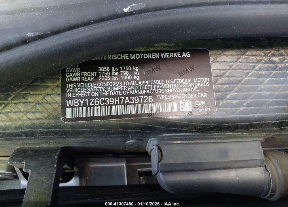 2017 BMW I3 94 AH VIN: WBY1Z6C39H7A39726