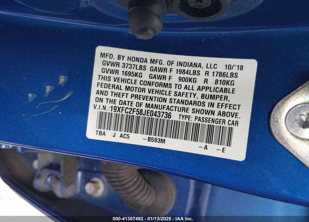 2018 HONDA CIVIC LX VIN: 19XFC2F58JE043736
