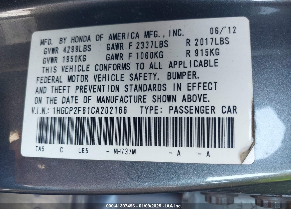 2012 HONDA ACCORD VIN: 1HGCP2F61CA202166