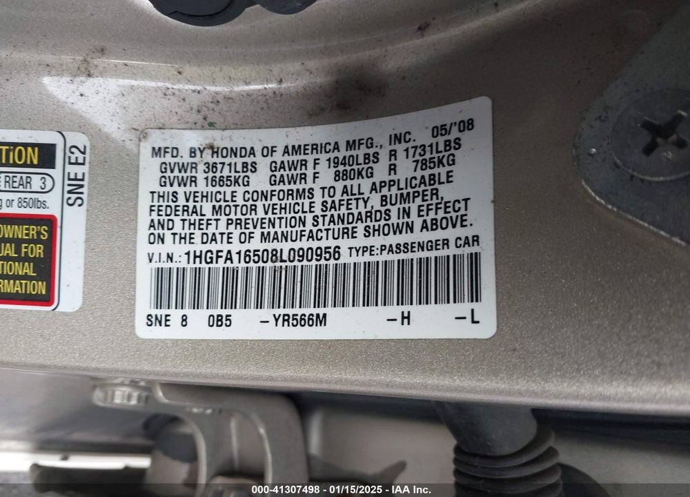 2008 HONDA CIVIC VIN: 1HGFA16508L090956