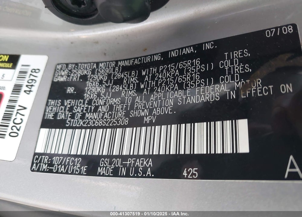 2008 TOYOTA SIENNA LE VIN: 5TDZK23C68S225308