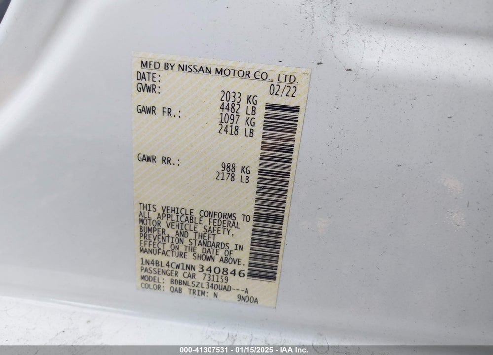 2022 NISSAN ALTIMA SR INTELLIGENT AWD VIN: 1N4BL4CW1NN340846