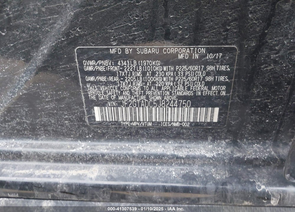 2018 SUBARU CROSSTREK 2.0I PREMIUM VIN: JF2GTADC5J8244750