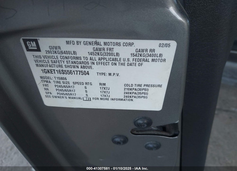 2005 GMC ENVOY XL SLT VIN: 1GKET16S556177504