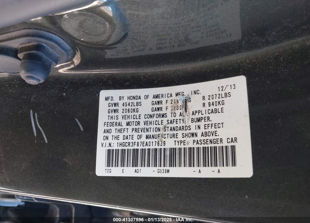 2014 HONDA ACCORD EX-L V-6 VIN: 1HGCR3F87EA017639