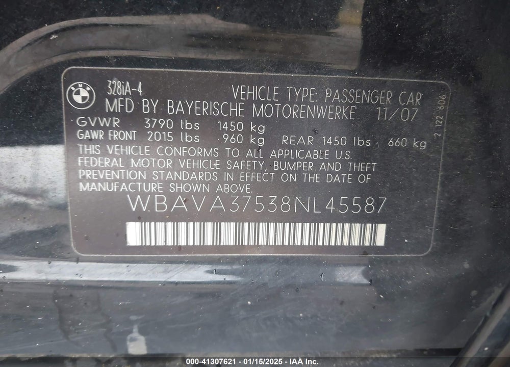 2008 BMW 328I VIN: WBAVA37538NL45587