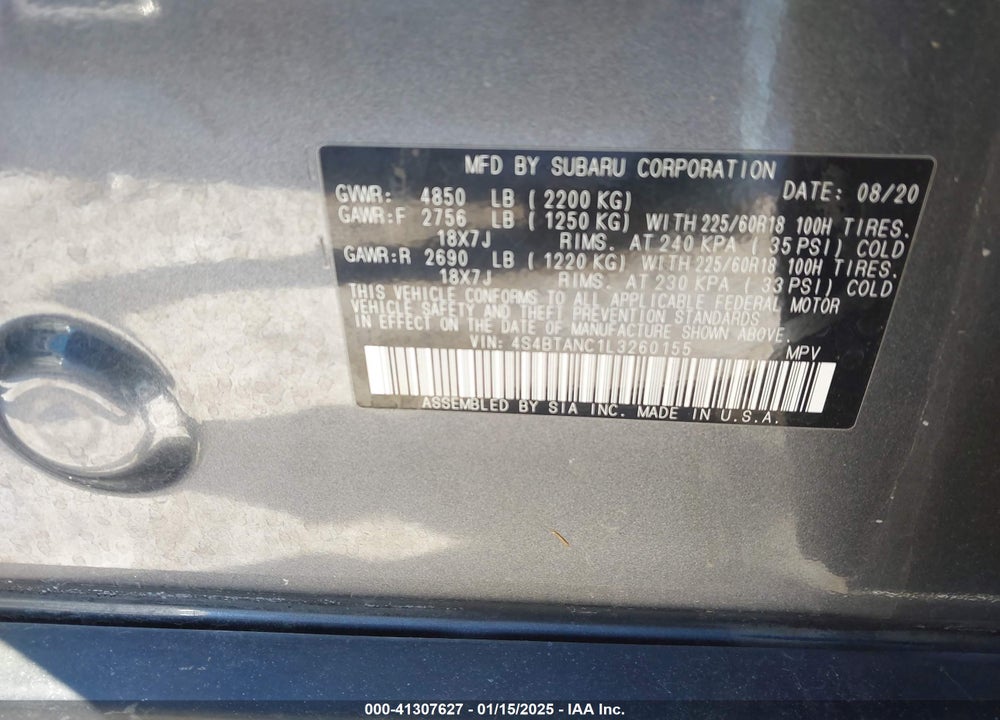2020 SUBARU OUTBACK VIN: 4S4BTANC1L3260155