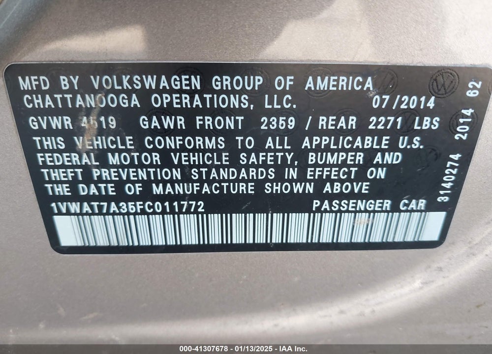 2015 VOLKSWAGEN PASSAT 1.8T WOLFSBURG EDITION VIN: 1VWAT7A35FC011772