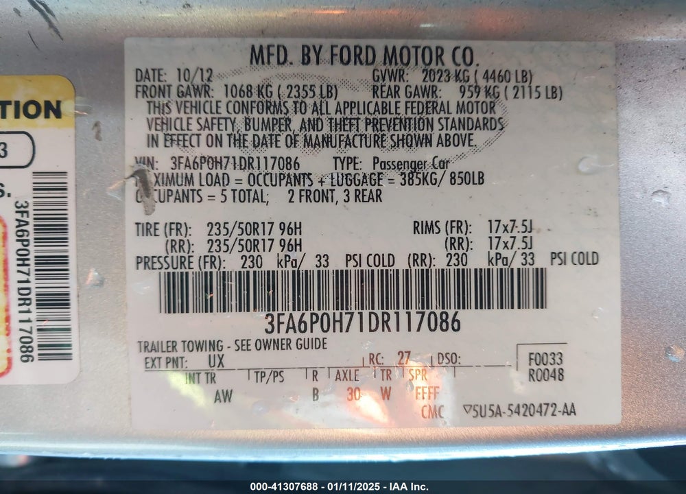 2013 FORD FUSION VIN: 3FA6P0H71DR117086