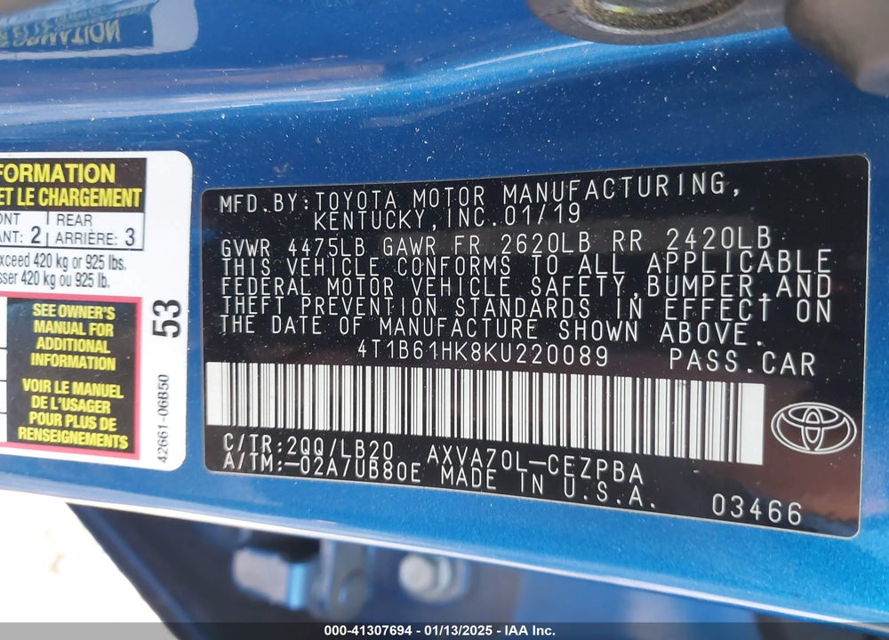 2019 TOYOTA CAMRY XSE VIN: 4T1B61HK8KU220089
