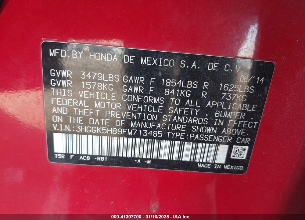 2015 HONDA FIT EX/EX-L VIN: 3HGGK5H89FM713485