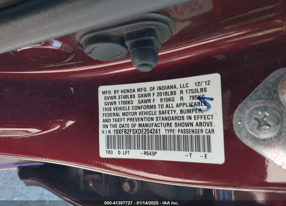 2013 HONDA CIVIC LX VIN: 19XFB2F5XDE204241