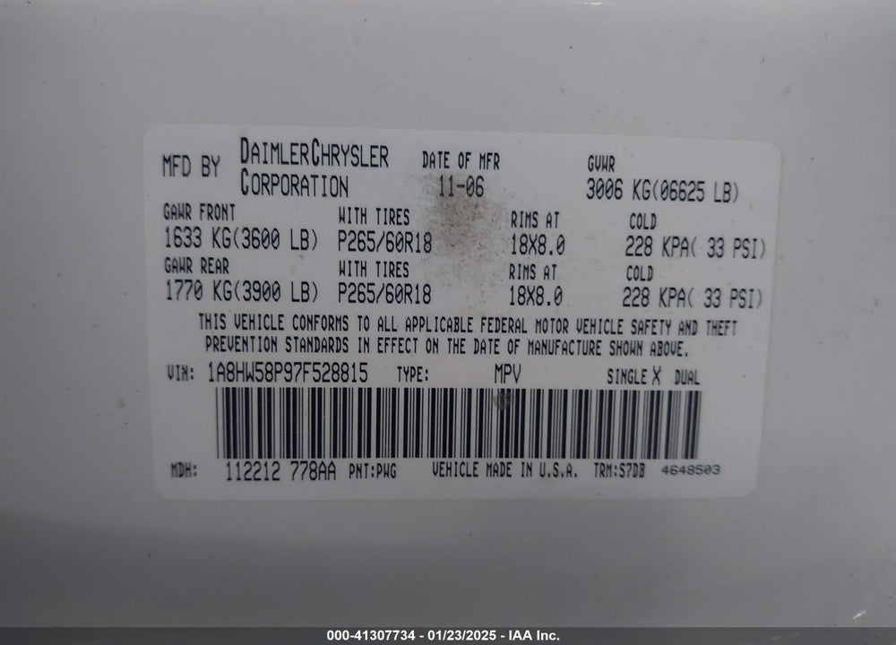 2007 CHRYSLER ASPEN LIMITED VIN: 1A8HW58P97F528815