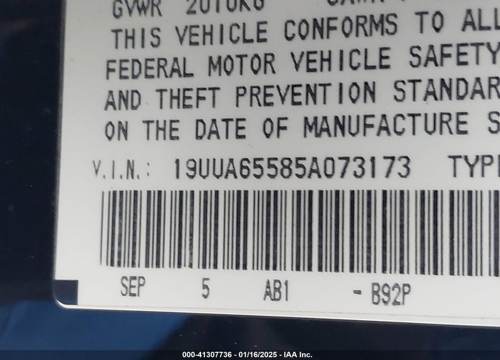 2005 ACURA TL VIN: 19UUA65585A073173