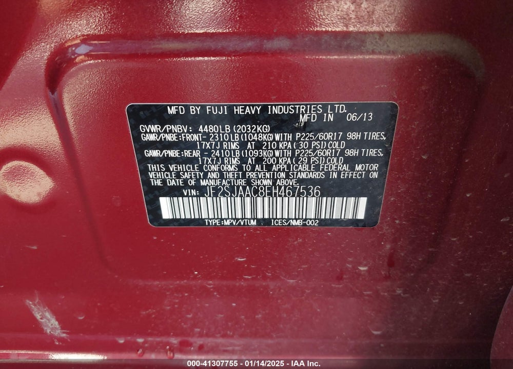 2014 SUBARU FORESTER 2.5I VIN: JF2SJAAC8EH467536