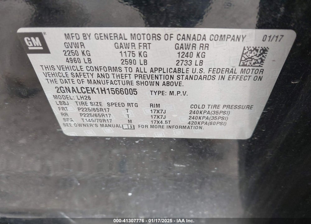 2017 CHEVROLET EQUINOX LT VIN: 2GNALCEK1H1566005