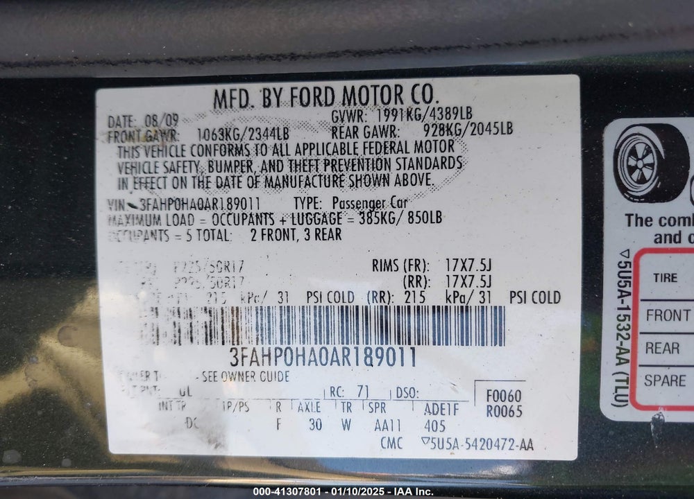 2010 FORD FUSION VIN: 3FAHP0HA0AR189011