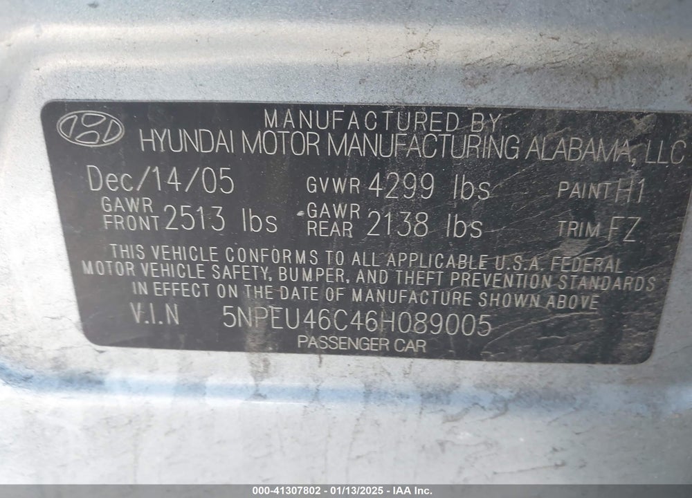2006 HYUNDAI SONATA VIN: 5NPEU46C46H089005