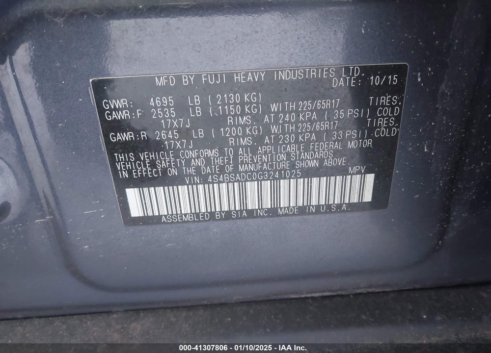 2016 SUBARU OUTBACK 2.5I PREMIUM VIN: 4S4BSADC0G3241025