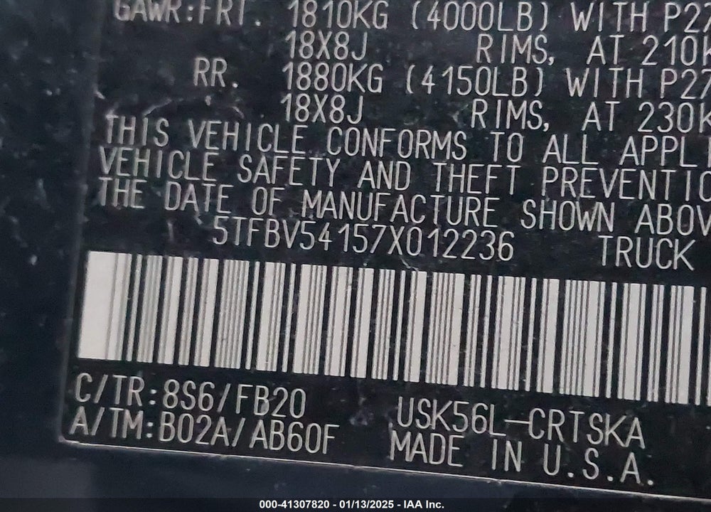 2007 TOYOTA TUNDRA SR5 5.7L V8 VIN: 5TFBV54157X012236