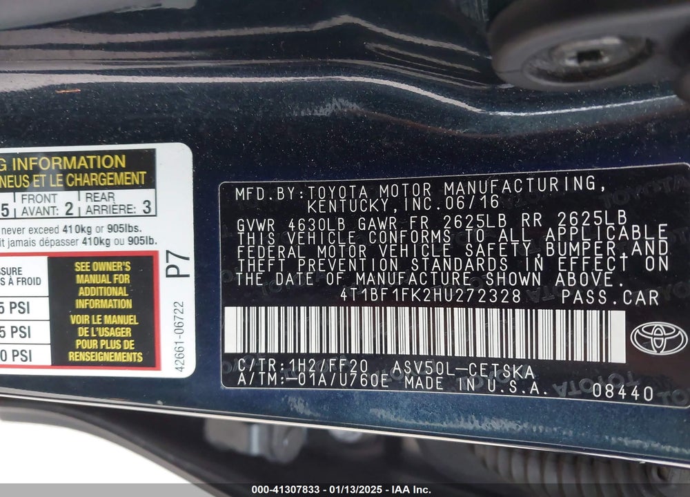 2017 TOYOTA CAMRY VIN: 4T1BF1FK2HU272328