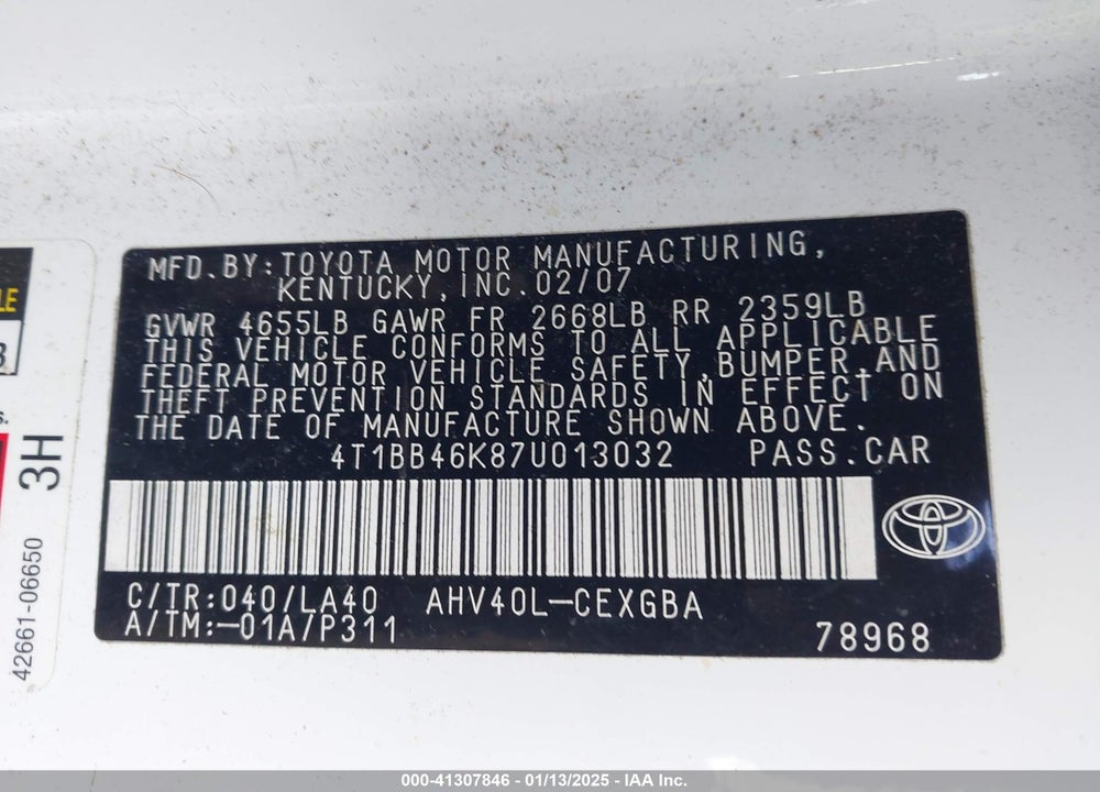 2007 TOYOTA CAMRY HYBRID VIN: 4T1BB46K87U013032